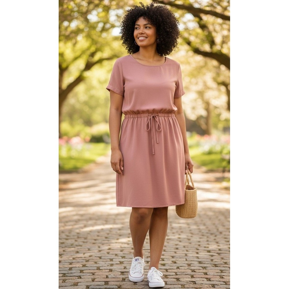 (F-186)32° Cool Women’s Pink Dress Size L Short Sleeve Drawstring Waist Pockets‎